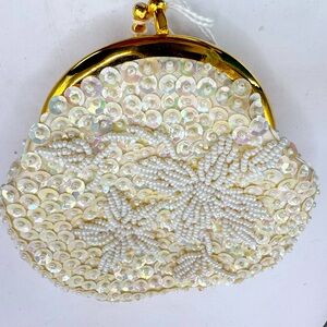 VTG WHITE Beaded Sequin Floral Gold Kiss Lock Closure Satin Lined Bride Special